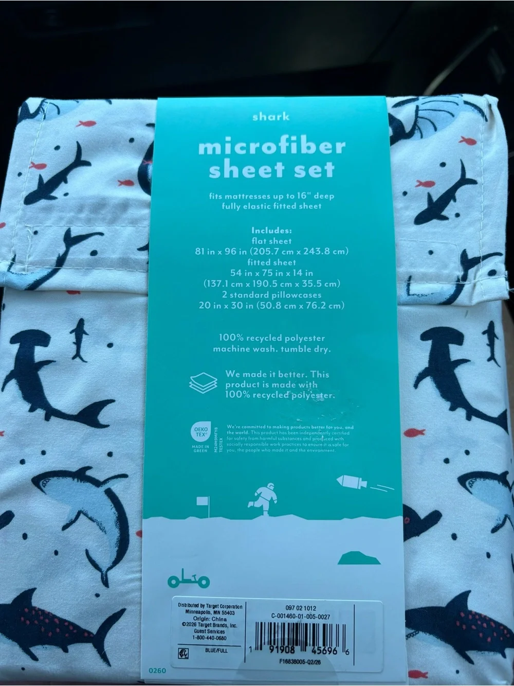 Pillowfort White Microfiber Sheet Set with Navy & Coral Shark Print